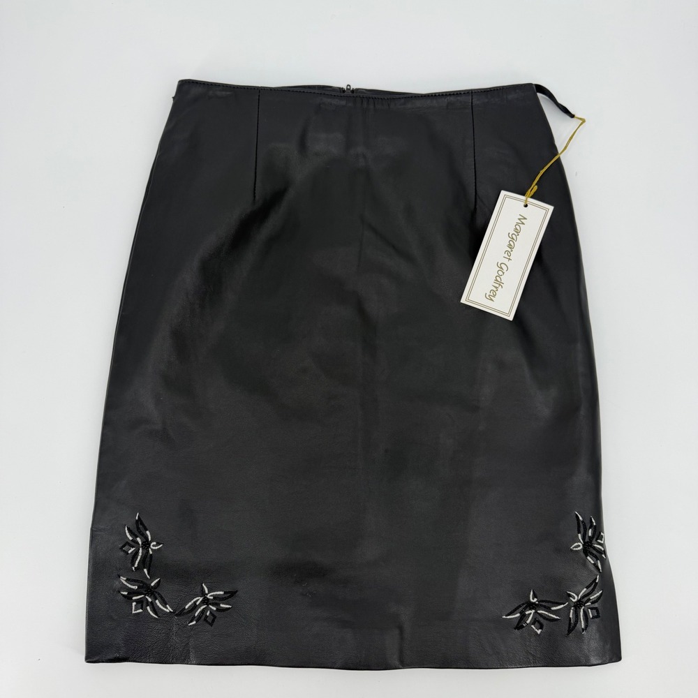 Margaret Godfrey Vintage Black Leather Pencil Skirt Floral Embroidered Size 8
